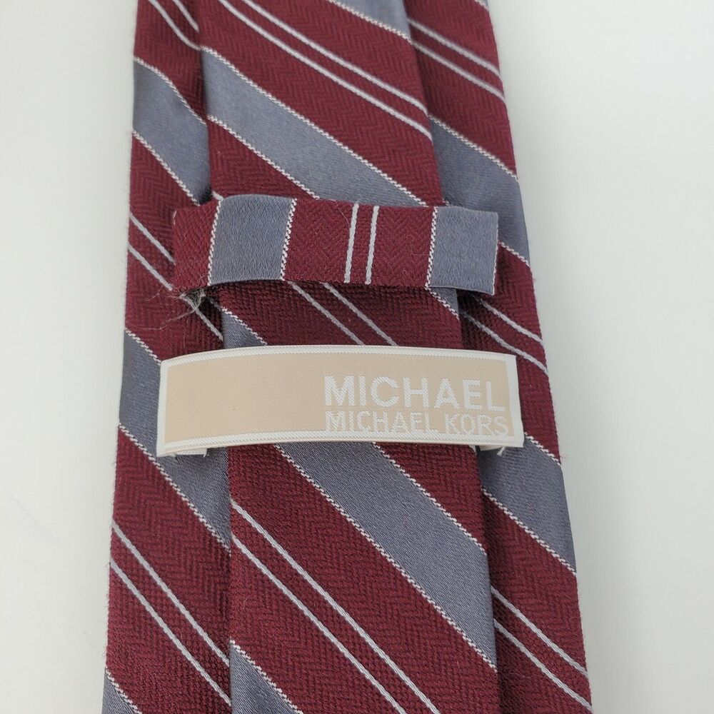 New Michael Kors Neck Tie Silk Wool Blend Stripes Burgundy Red and Gray - Picture 3 of 4